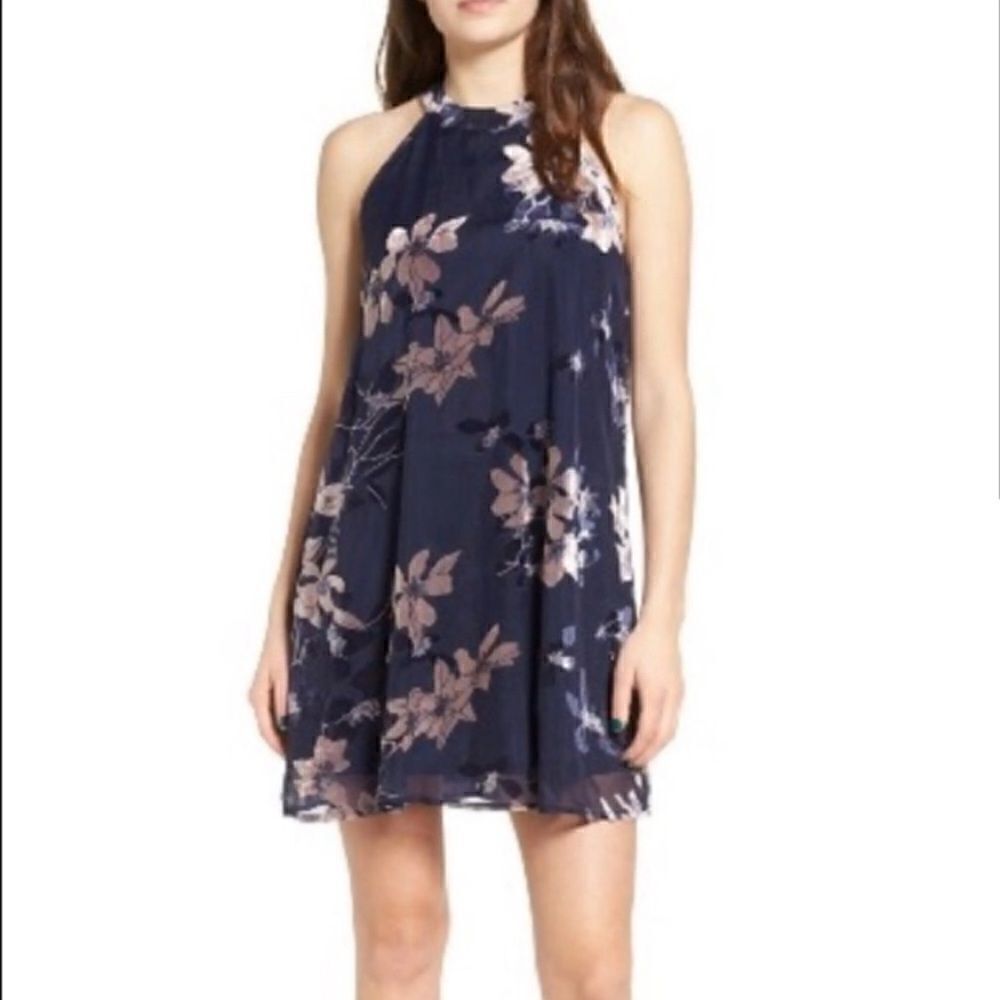 Sun & Shadow Navy Floral Velvet Keyhole Back Mini Dress Size XL